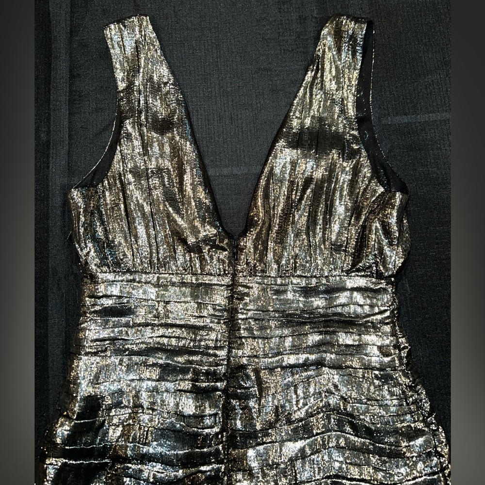 Metallic Silk V-Neck Ruched Ruffle Mini Dress - Picture 10 of 14